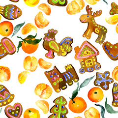 Ritual, traditional, festive, Easter, fruity pattern. Seamless, isolated wallpaper. Delicious biscuit, fragrant biscuits, juicy gingerbreads, fresh mandarin fruit. Watercolor. Illustration