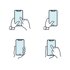 Hands holding smartphone. Flat line icon. Blue icon set.