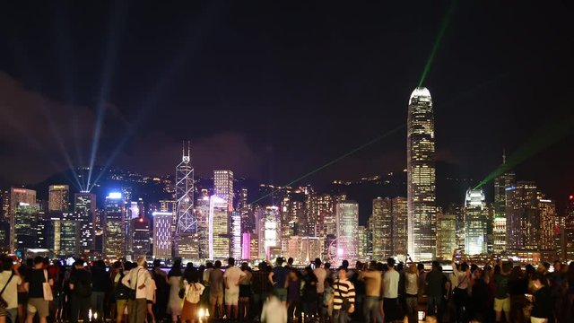Laser show in Victoria harbor of Hong Kong city