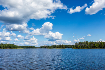 Landscape of beautiful lake with forest and clouds