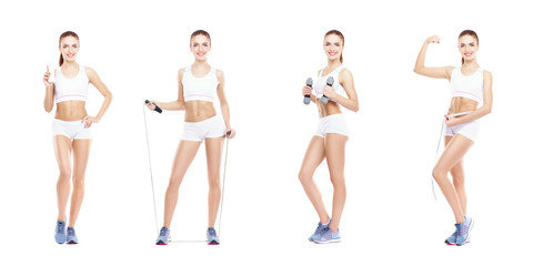 Healthy, sporty and beautiful girl isolated on white background. Woman in a fitness workout collection. Nutrition, diet, sport and body care concept.