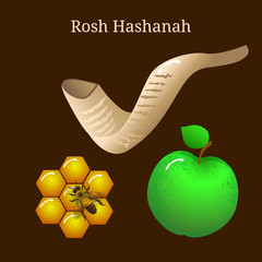 Rosh Hashanah. Apple, chalky honeycombs, bee, shofar - mutton horn. Event name