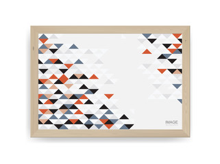 Wooden photo frame with abstract colorful geometric pattern background . Vector.