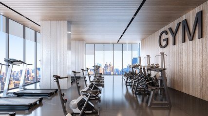 Large fitness center with sky city view , 3d rendering
