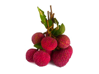 Lychee with green leaves isolated on white background. Fruit in Thailand.