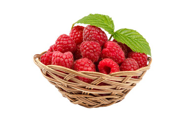 Fruits raspberries wicker bowl on white background