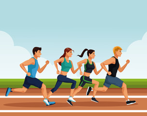 Naklejka premium Fitness people running on track cartoons vector illustration graphic design