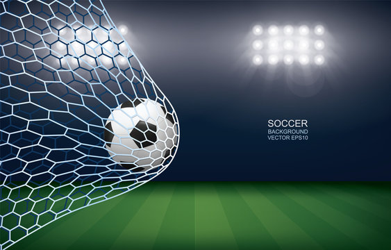 Soccer football ball in soccer goal with soccer field stadium background. Vector.