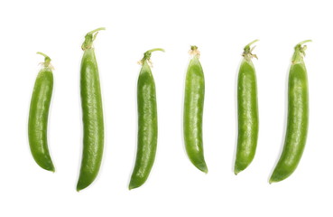 Fresh green pea pods isolated on white background