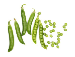 Fresh green peas with pods isolated on white background, top view