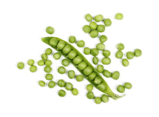 Fresh green peas with pod isolated on white background, top view