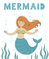 Mermaid with seaweed and bubbles on white background. Vector illustration.