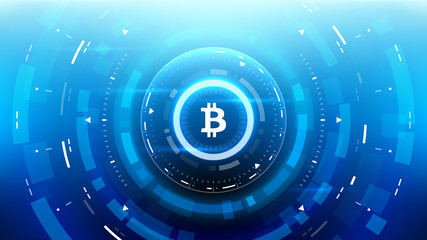 Bitcoin cryprocurrency futuristic vector illustration for background, HUD, graphical user interface, banner, business and finance infographics and more. Worldwide digital money blockchain system