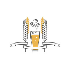 Beer glass, hops and wheat. Linear icon. Sign, label, logo with ribbon for the brewery, beer restaurant, pub, bar, menu, website. Vector illustration.