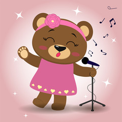 Cute singer bear brown in a pink dress and a wreath with a rose, a raised paw sings into a microphone, in the style of cartoons. Vector illustration, a flat design.