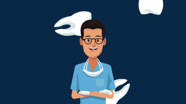 Dentist cartoon talking over tooths falling background High Definition coloful animation scenes
