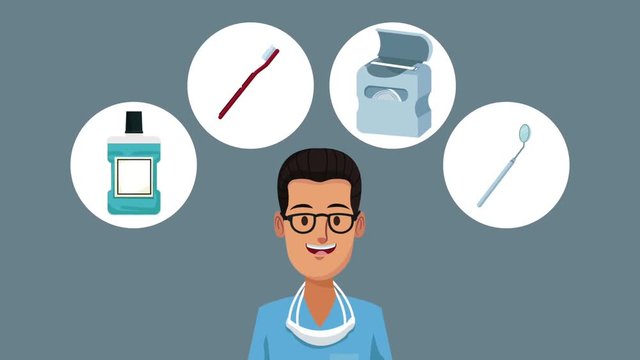 Dentist cartoon with dental hygiene symbols High Definition coloful animation scenes