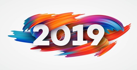 2019 New Year on the background of a colorful brushstroke oil or acrylic paint design element. Vector illustration - obrazy, fototapety, plakaty