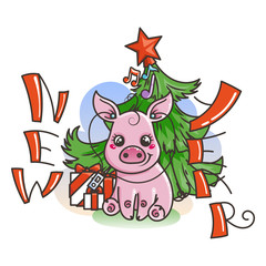 Obraz na płótnie Canvas Happy New 2019 Year card with cartoon baby pig. Small symbol of holiday.
