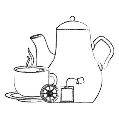 tea pot and cup lemon and teabag vector illustration sketch