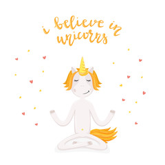 Meditating unicorn on white background