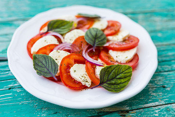 Delicious Italian caprese salad with tomatoes and mozzarella.
