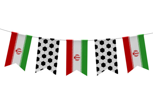 Iran flag and soccer ball texture football flag bunting. 3D Rendering