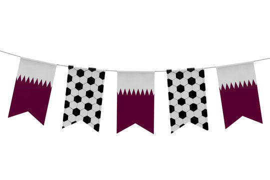 Qatar flag and soccer ball texture football flag bunting. 3D Rendering