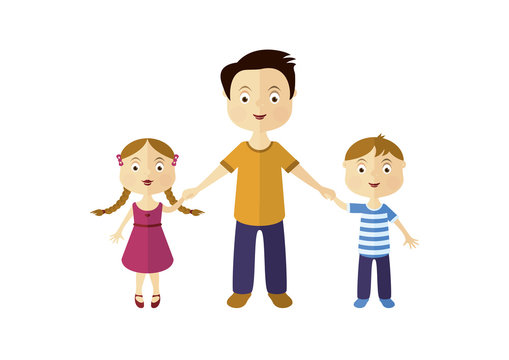 Dad and kids vector. Father with son and daughter. Father and children cartoon character