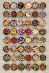 Large herbal medicine collection of dried herbs used in chinese and alternative remedies in wooden...