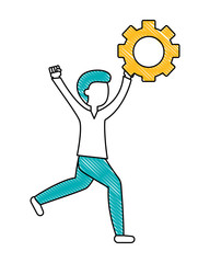 young man celebrating with gear isolated icon vector illustration design