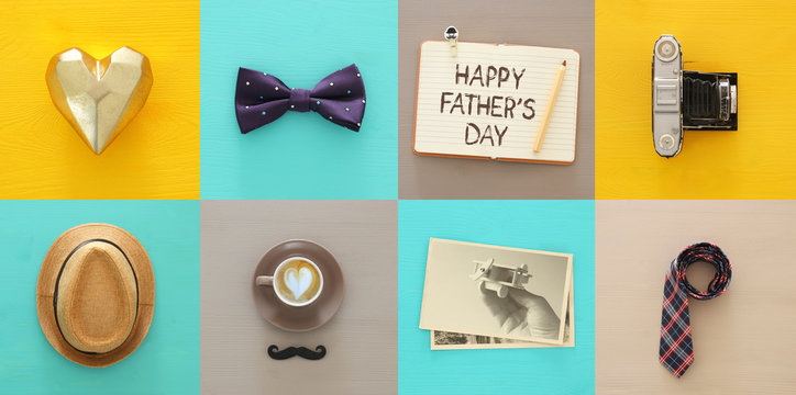 top view collage with man life style objects. Father's day concept.