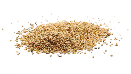 Mixed bird seeds, millet pile isolated on white background