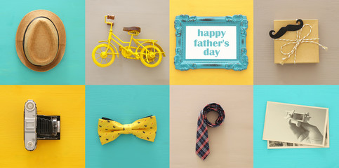 top view collage with man life style objects. Father's day concept.