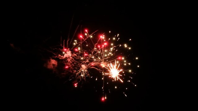 Colorful fireworks at holiday night. 4K video of salutes.
