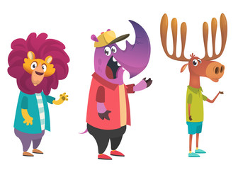 Cartoon hipster animals set. Animal in clothing. Casual style. Cartoon vector illustration. 
Lion, crocodile,  rhino. Flat style illustration