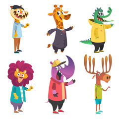 Cartoon hipster animals set. Animal in clothing. Casual style. Cartoon vector illustration. 
Tiger, giraffe, lion, crocodile, moose, rhino. Flat style illustration
