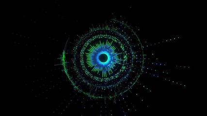 Abstract futuristic blue motion graphic rotating circular mechanism with several different parts. Sci-fi futuristic HUD equalizer appears and grows. 3D animation isolated over black background in 4K