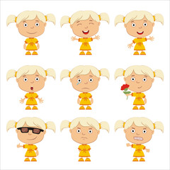 Set of little funny girl with blonde hair in different poses and emotion isolated on white background.