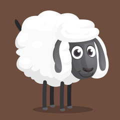 Cute cartoon sheep mascot character. Vector illustration of fluffy sheep feeding. Isolated 