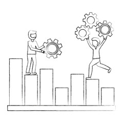 people on statistic business diagram with gears teamwork vector illustration sketch