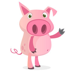 Obraz na płótnie Canvas Happy cartoon pig presenting. Farm animals. Vector illustration of a smiling piggy isolated on white