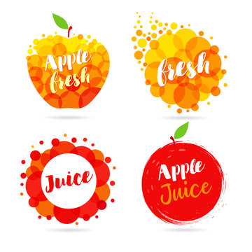 Apple juice label splash set design. Yellow and red drops bubbly logo on white background. Mango, pineapple and papaya juice design, creative vector illustration