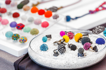 Unusual colorful rings for sale in the jewelry shop