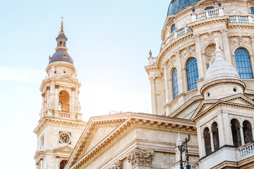 Obraz premium Close-up detail of the facade of St. Stephen's Basilica church in Budapest, Hungary. Main tourist attraction in the city