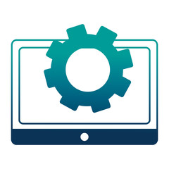 tablet computer and gear teamwork vector illustration neon design