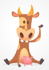 Funny cartoon cow character waving. Isolated on white background. Farm animals. Vector illustration
