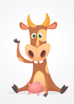 Funny cartoon cow character waving. Isolated on white background. Farm animals. Vector illustration