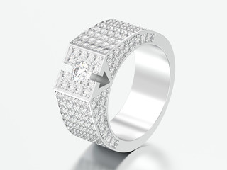 3D illustration white gold or silver diamond signet ring