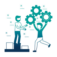 businesspeople holding gears diagram business teamwork vector illustration neon design